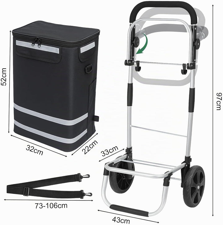 Einkaufstrolley 64 L, klappbarer Einkaufswagen mit Aluminiumrahmen, bis 60 kg Tragkraft, grosse Roll