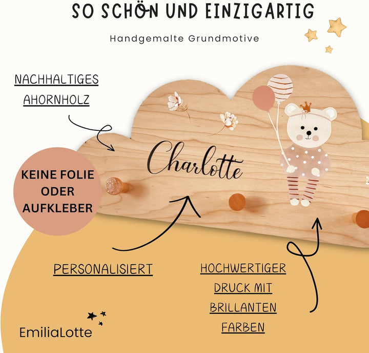 EmiliaLotte Kindergarderobe Personalisiert mit Wunschname I Garderobe Kinder aus Holz - Verschiedene