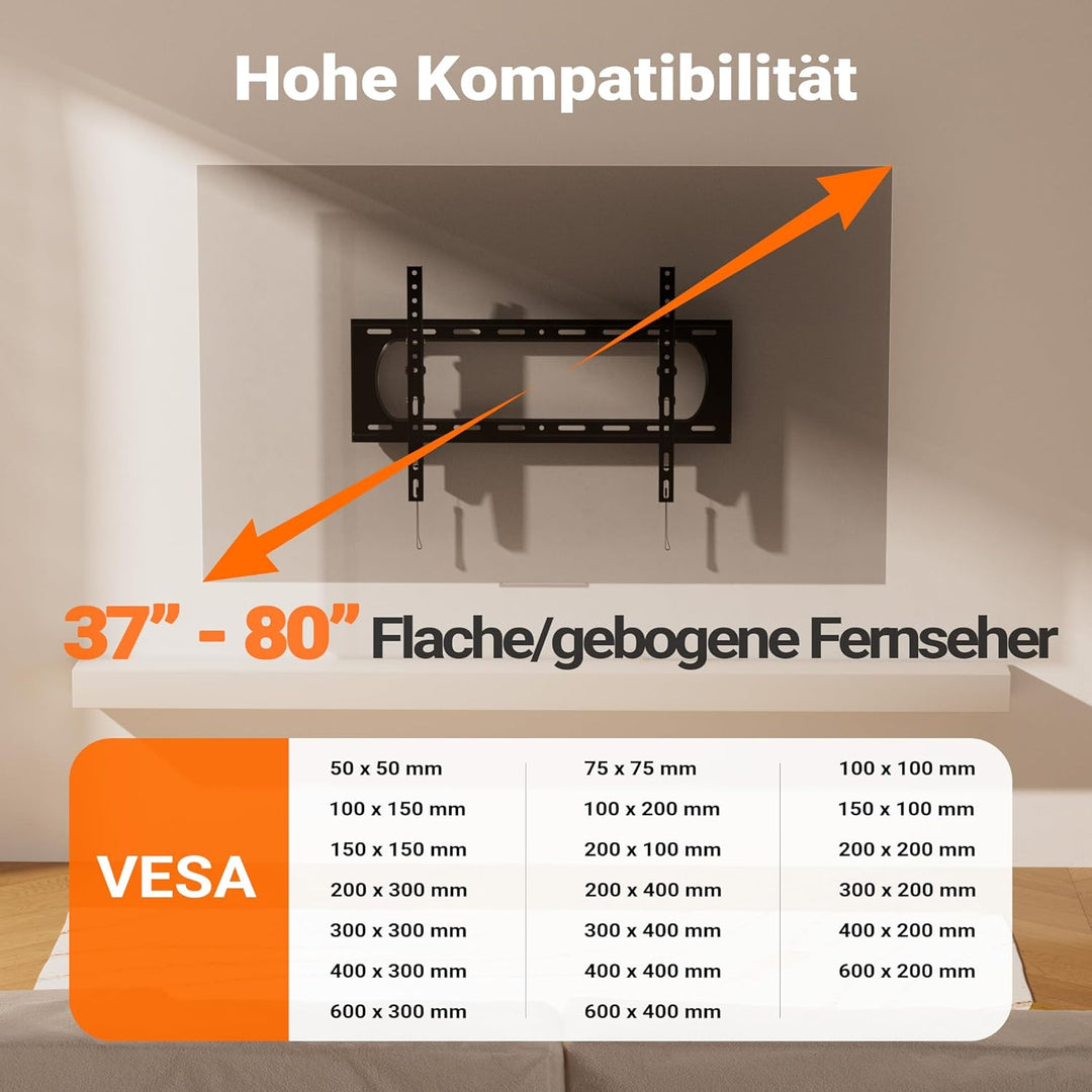 Wiltec TV Halterung 37"–80", TV Wandhalterung bis 80 kg aus Stahl, platzsparende Fernsehhalterung, F