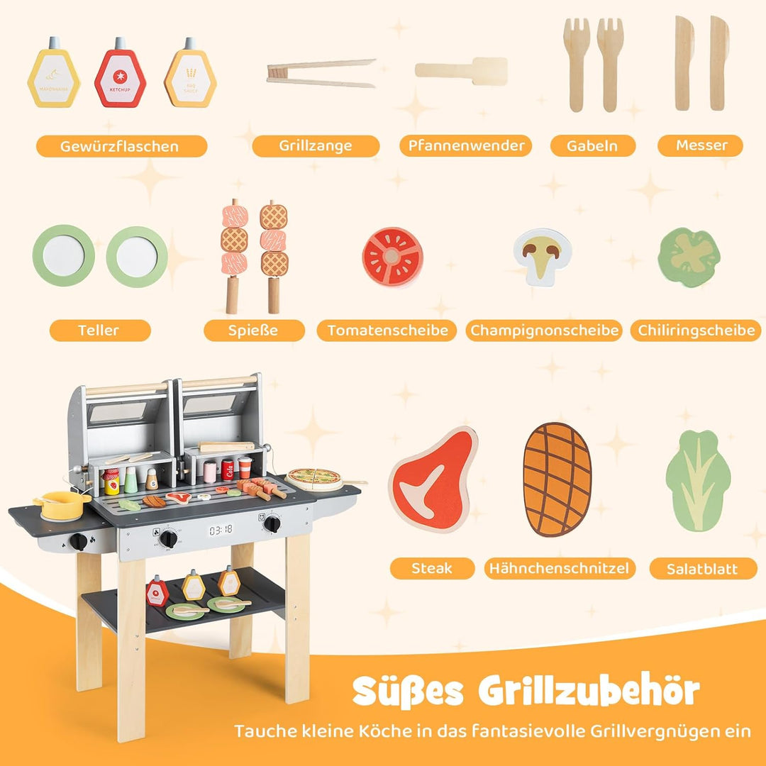 COSTWAY Barbecue Kindergrill, Grillspielzeug mit Grillbesteck & Spiel-Lebensmitteln, Matschküchemit
