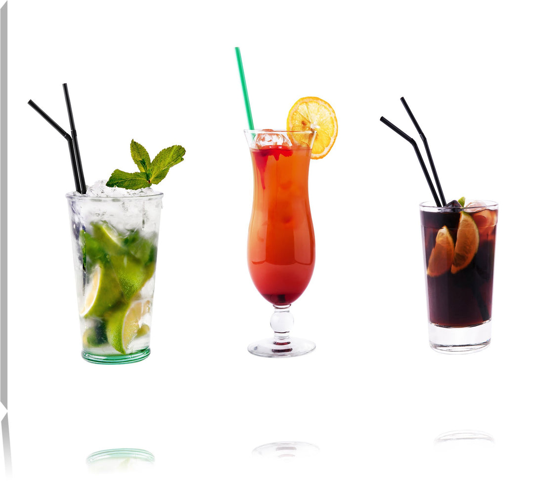 Pixxprint fruchtig frische Cocktails auf Leinwand, XXL riesige Bilder fertig gerahmt mit Keilrahmen,