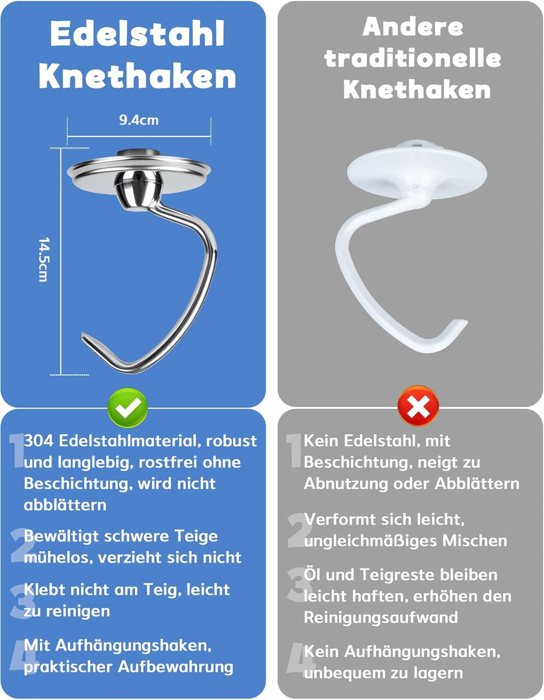 Knethaken für Kitchenaid 4.5/5QT Edelstahl Knethaken, Teigpeitsche für Standmixer, Artisan Rührhaken