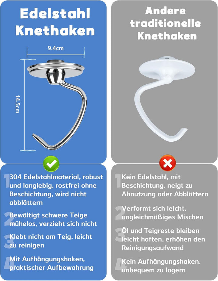 Knethaken für Kitchenaid 4.5/5QT Edelstahl Knethaken, Teigpeitsche für Standmixer, Artisan Rührhaken