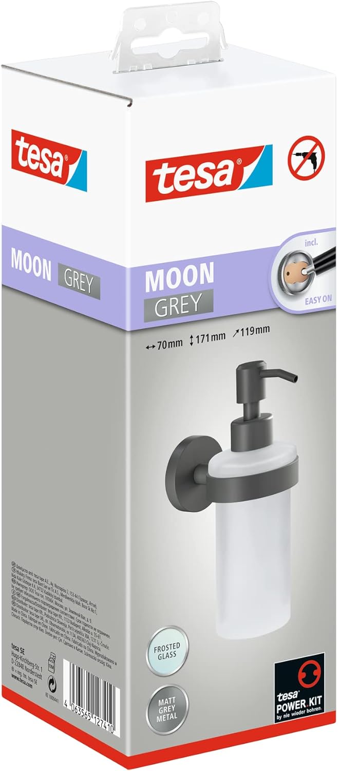 tesa MOON GREY Seifenspender, matt grau, Pumpspender aus satiniertem Glas, 200 ml - für Bäder im Ind