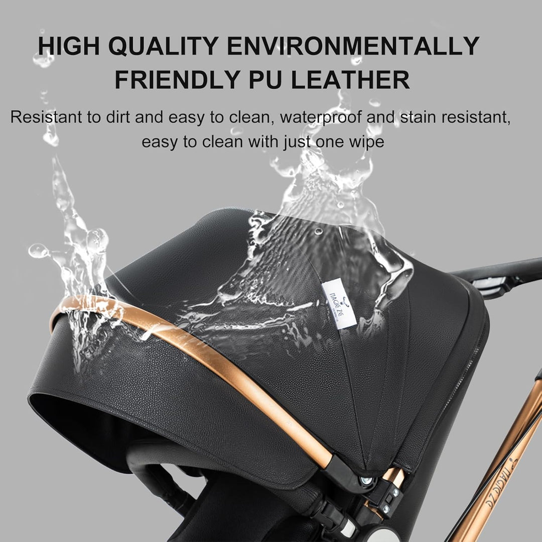 Prokoke PU-Leder Kinderwagen 3 in 1, Buggy mit Verstellbarem Sitz mit 360°-Drehung, Kinderwagen mit