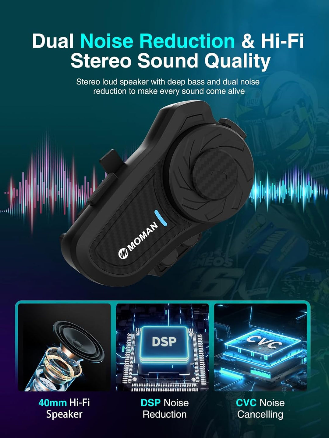 Moman Motorrad Intercom Headset, H2 Pro【1 Pack Carbonfaser】 Motorradhelm Gegensprechanlage Wireless