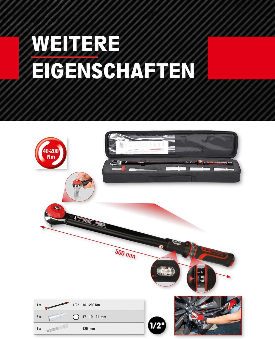 KS Tools 516.1905 1/2"ERGOTORQUEprecision Drehmomentschlüssel-Satz, 40-200Nm, 5-tlg Single, Single