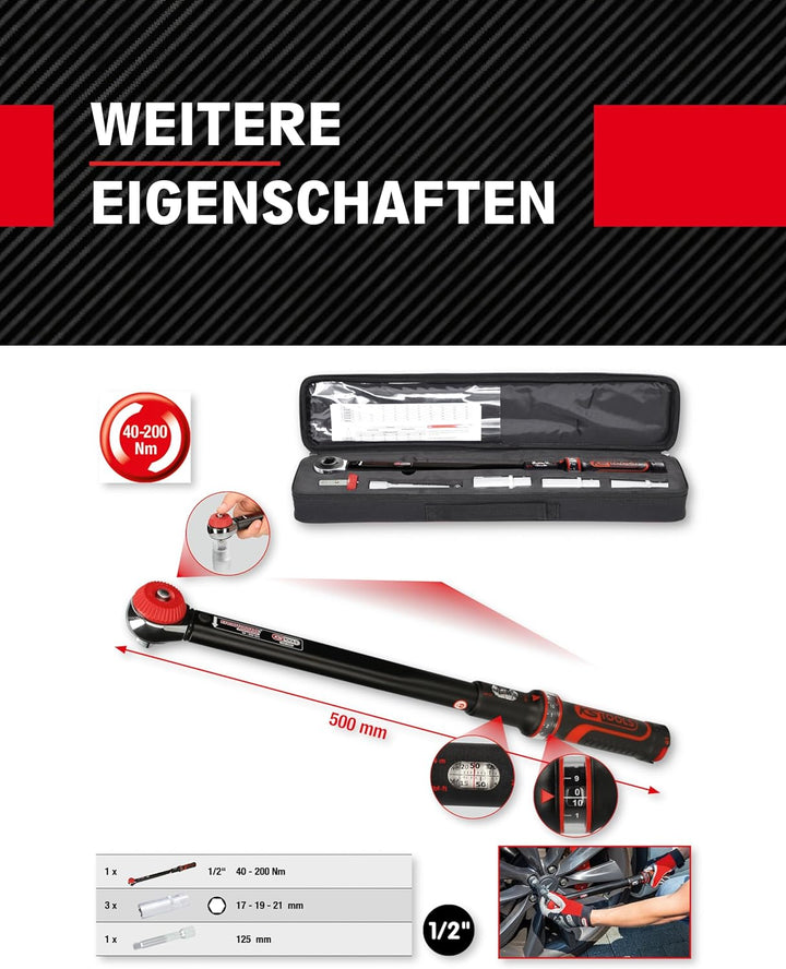 KS Tools 516.1905 1/2"ERGOTORQUEprecision Drehmomentschlüssel-Satz, 40-200Nm, 5-tlg Single, Single