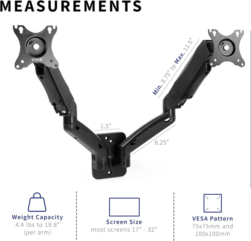 VIVO Schwarz höhenverstellbare Gasfeder verlängerte Arm Dual-Wandhalterung mit bewegter gelenkigen p