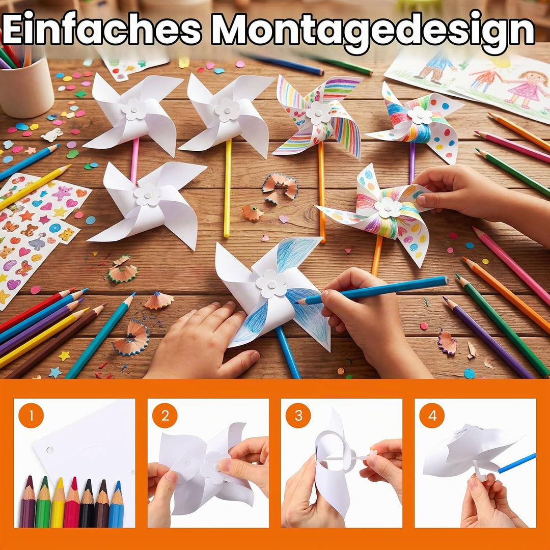 100 Stück DIY Windräder Bastelset, Bunte Regenbogen Windmühle aus Kunststoff &amp; Papier, Wetterfeste W