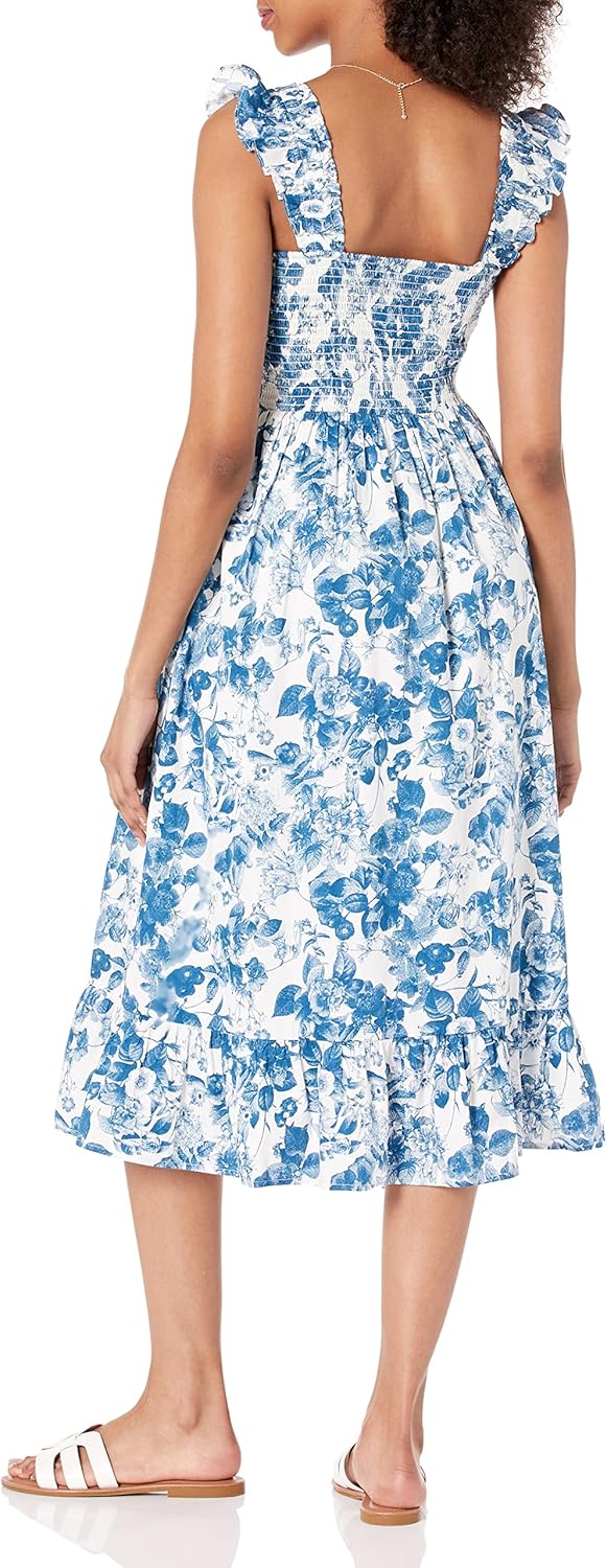 The Drop Damen Kimi Gesmoktes Midikleid mit Gerüschter Schulter Dresses 4XL Grosse Grössen Blaues Bl