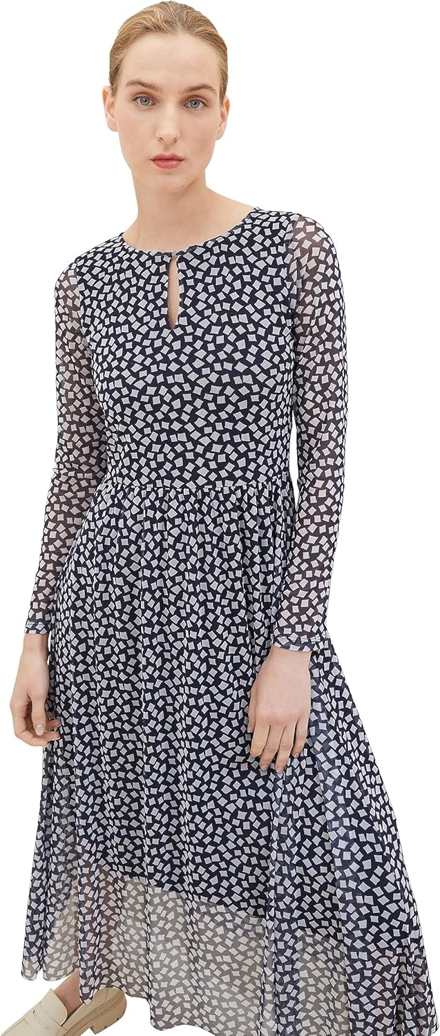 TOM TAILOR Damen Mesh Kleid mit Muster 34 30350 - Navy Geometric Design, 34 30350 - Navy Geometric D