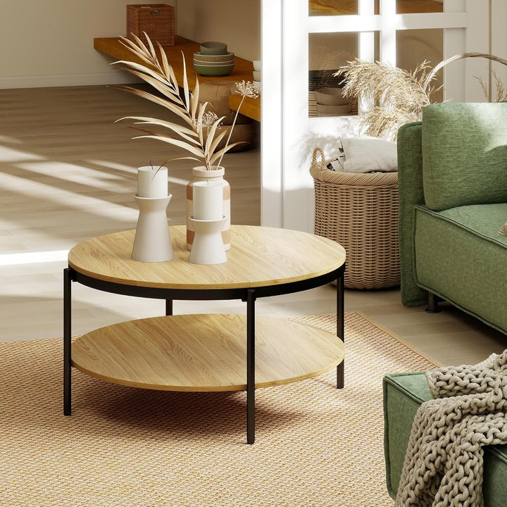 Manora Couchtisch Rund Holz, Runder wohnzimmertisch Klein 80 cm,Sofatisch mit stauraum 2 Ebenen, Eic