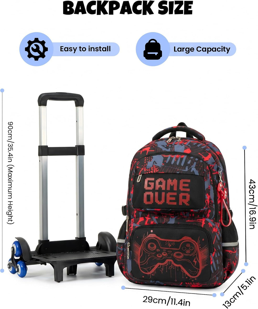 Amythe Schulrucksack mit Rollen für Jungen, Grosser Leuchtstoff Trolley-Rucksack mit 6 Räder, Wasser
