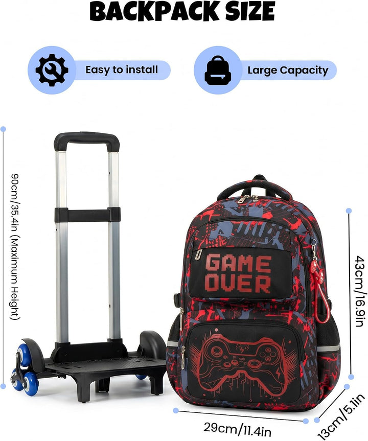 Amythe Schulrucksack mit Rollen für Jungen, Grosser Leuchtstoff Trolley-Rucksack mit 6 Räder, Wasser