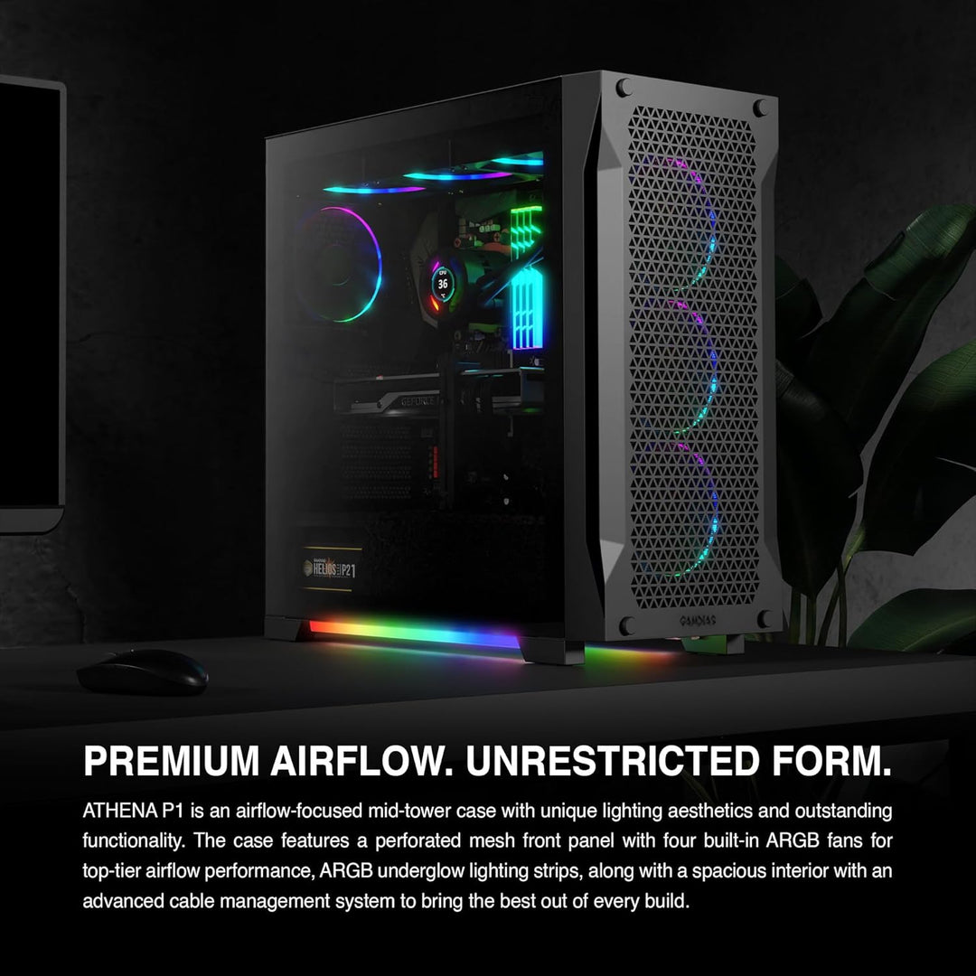 GAMDIAS Athena P1 ATX Mid Tower Gaming-PC-Gehäuse mit gehärtetem Glas und hervorragendem Luftstrom-D