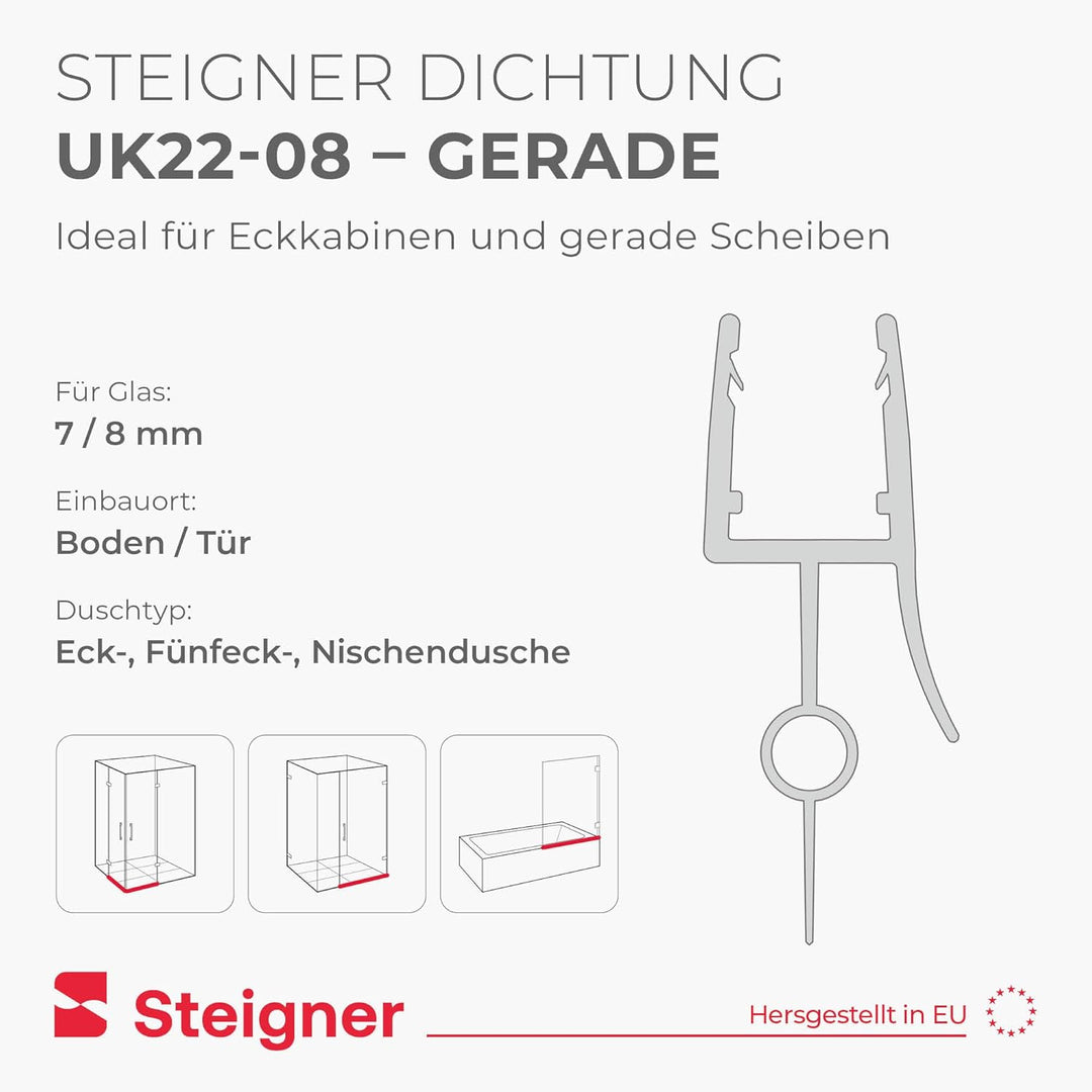STEIGNER Duschdichtung, 120cm, Glasstärke 7/8 mm, Gerade PVC Ersatzdichtung für Dusche, UK22-08 Stär