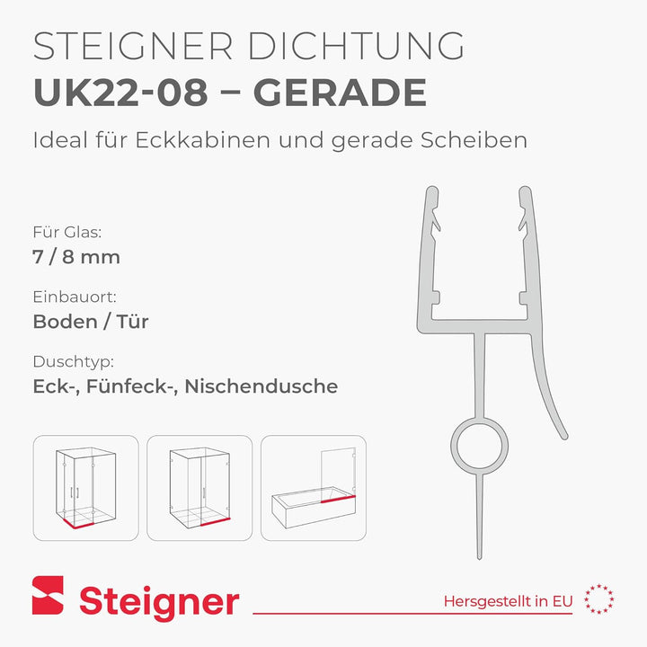 STEIGNER Duschdichtung, 120cm, Glasstärke 7/8 mm, Gerade PVC Ersatzdichtung für Dusche, UK22-08 Stär