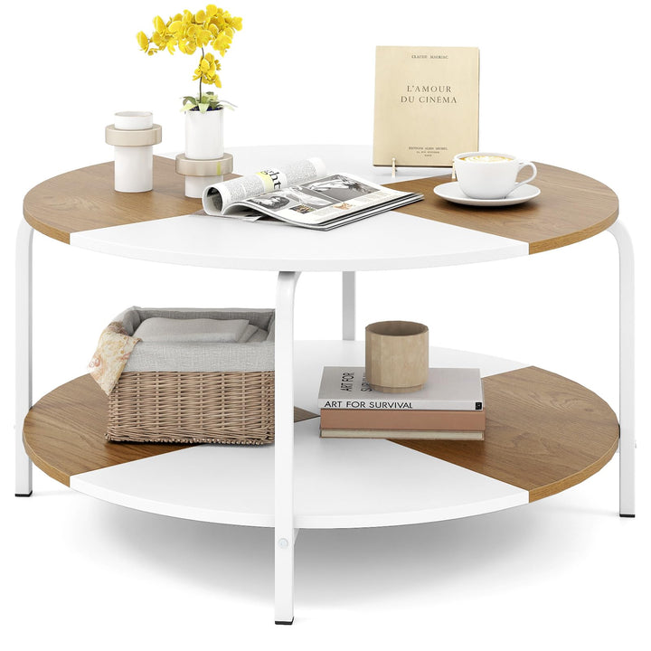 COSTWAY Couchtisch rund, 80 cm Wohnzimmertisch 2 Ebenen, Kaffeetisch Holz