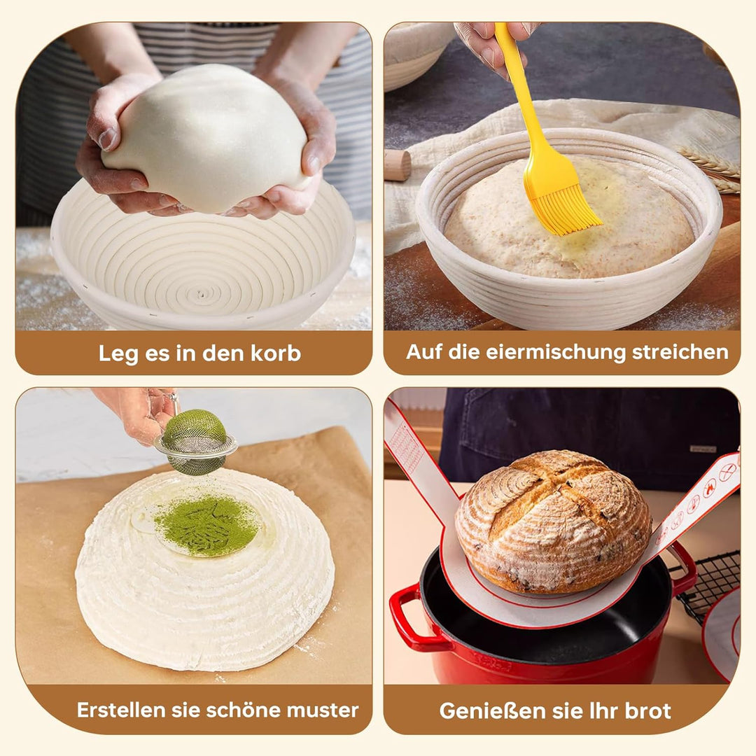 10-teilig Gärkorb Brot Set, 23cm Gärkörbchen zum Brotbacken, Sauerteig Starter Set, Brot Backen Zube
