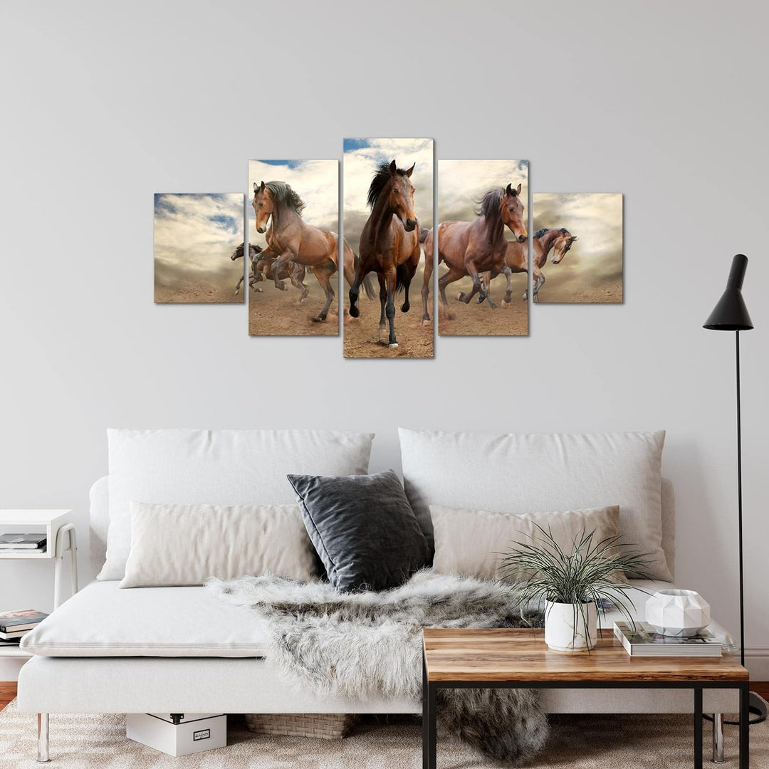 Runa Art Wandbilder Pferde  5 Teilig Bild auf Vlies Leinwand Deko Wohnzimmer Schlafzimmer Tiere Brau