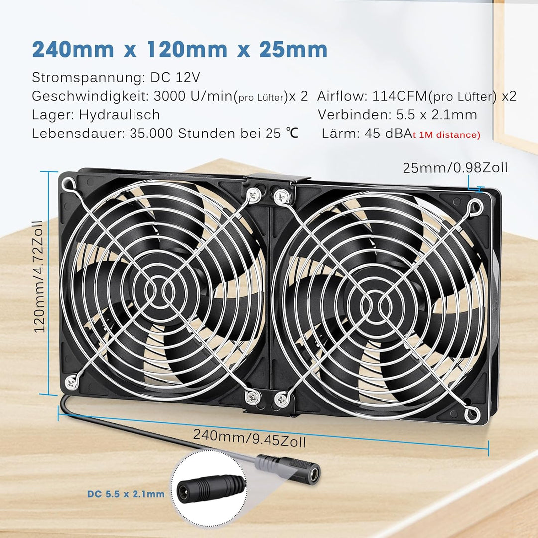 GDSTIME Gehäuselüfter 240mm 230V Dual Lüfter 2 x 120mm PC Lüfter 230V PC Ventilator 240mm mit DC 4V