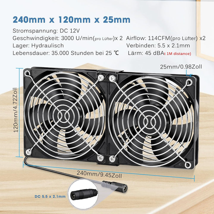 GDSTIME Gehäuselüfter 240mm 230V Dual Lüfter 2 x 120mm PC Lüfter 230V PC Ventilator 240mm mit DC 4V
