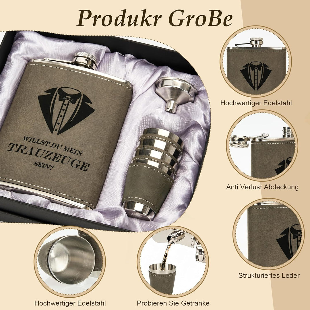 Personalisiertes Flachmann Geschenkset 8oz mit Gravur – Edelstahl Flachmann, 4 Becher, Trichter & Ge