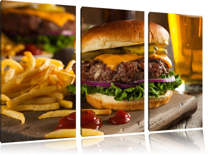 Pixxprint Saftiger Chili Cheese Burger 3-Teiler Leinwandbild 120x80 Bild auf Leinwand