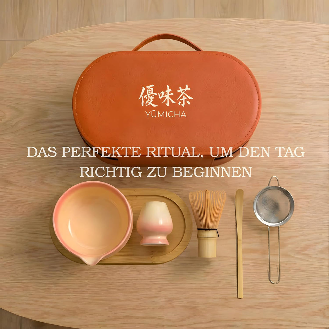 Matcha Set Komplett 7-teilig – Matcha Tee Set mit Schale, Bambusbesen (Chasen), Löffel, Halter & Auf