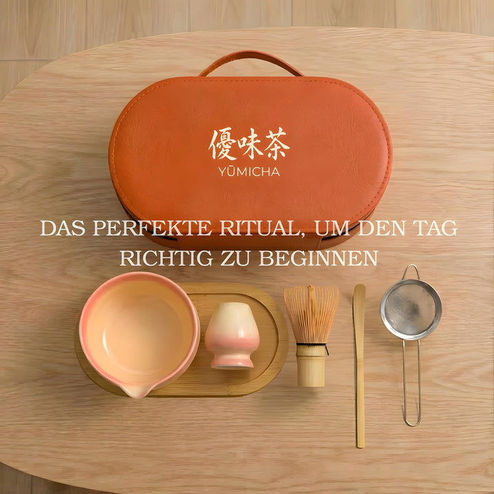 Matcha Set Komplett 7-teilig – Matcha Tee Set mit Schale, Bambusbesen (Chasen), Löffel, Halter & Auf