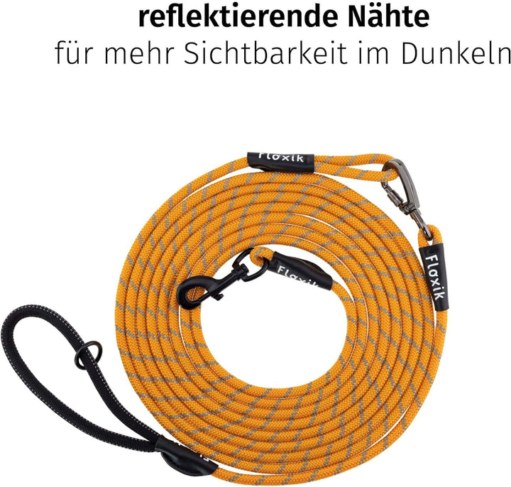Floxik Schleppleine für Hunde | 5m, 10m, 15m, 20m orange | reflektierende Tauleine mit Abnehmbarer H