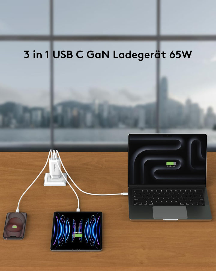 Qackenm GaN USB C Ladegerät 65W, 3-Port USB C Netzteil, PPS Schnellladegerät für MacBook Pro/Air, iP