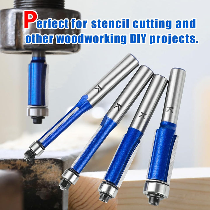 NICAVKIT 4 Stück Bündigfräser 8mm Schaft,Blauer Bündigfräser Fräser Set, Doppelseitiger Fräser mit L