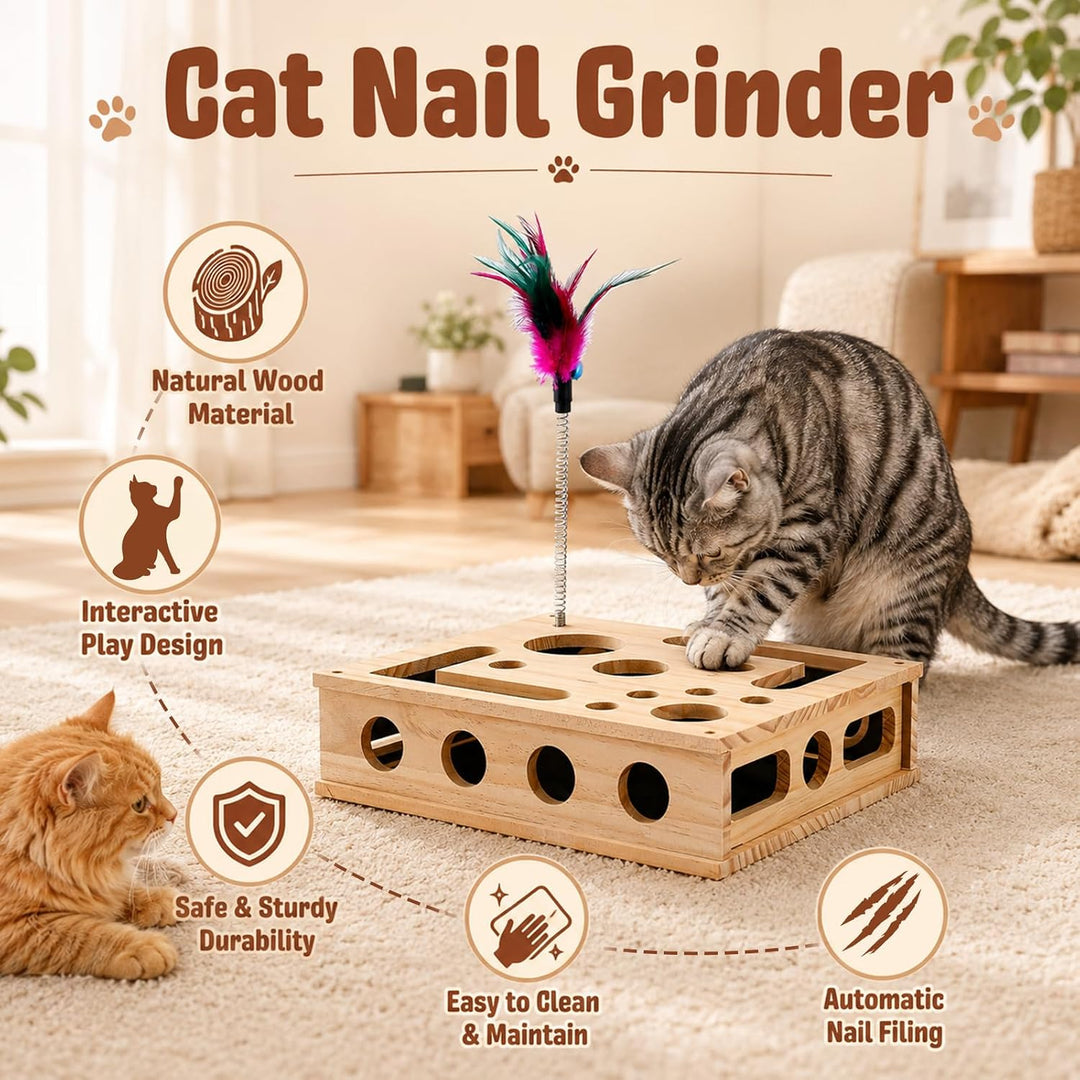 Katzen Kratzpuzzle 2-in-1 Nagelfeilen Box mit Sandpapier, Interaktives Katzenspielzeug Holz für Stre