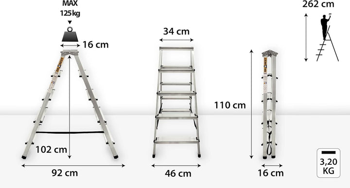 DRABEST Klappleiter Klapptritt Alu Leiter 2 x 5 Stufen Trittleiter Beidseitig Mehrzweckleiter bis 12