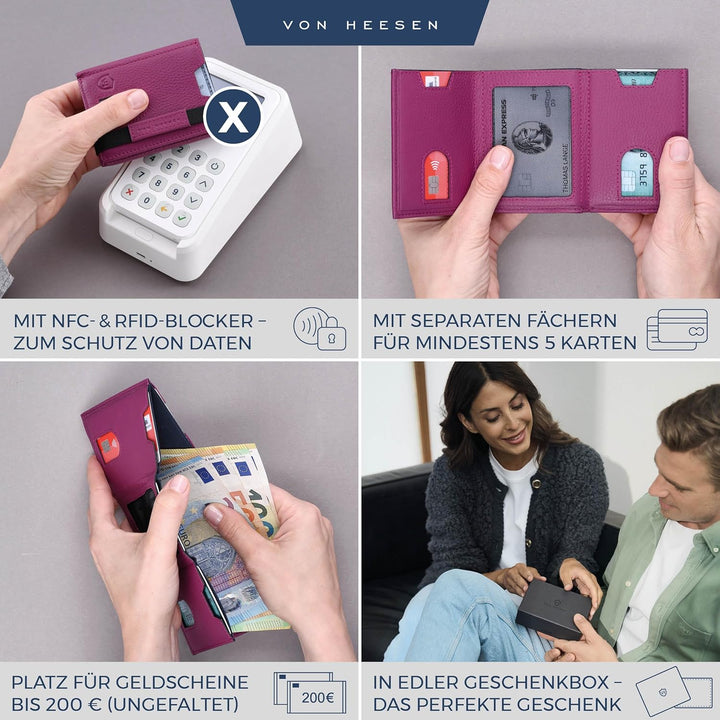 VON HEESEN Slim Wallet mit XL Münzfach & RFID-Schutz - Leder Geldbeutel - Mini Geldbörse für Herren