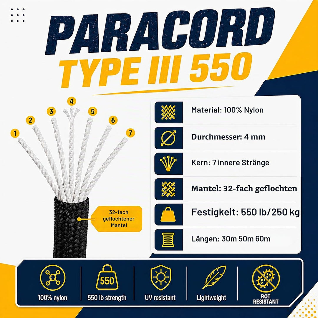 EdcX Paracord 4 mm, 20+ Militärfarben (15 m, 30 m, 50 m, 100 m, 300 m) | Ideal zum Basteln, Camping,