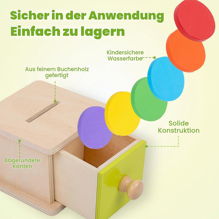 Adena Montessori Spielzeug ab 1 Jahr, Gelb-Grüner Tür Coin Box, Montessori Object Permanence Box Spi