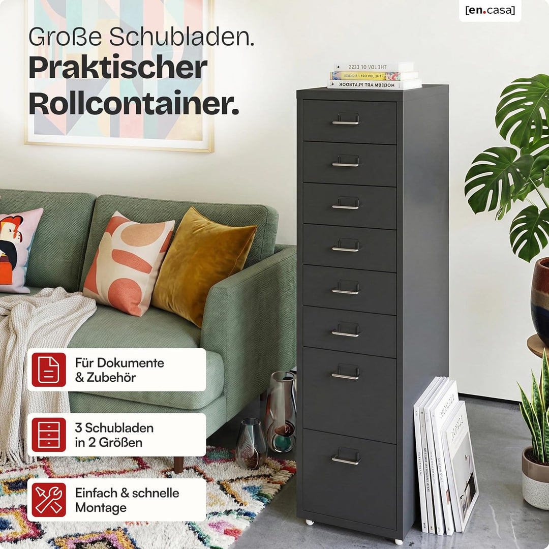 [en.casa] Rollcontainer Kökar Schubladenschrank Metall Aktenschrank mit 8 Schubladen Bürowagen mit R