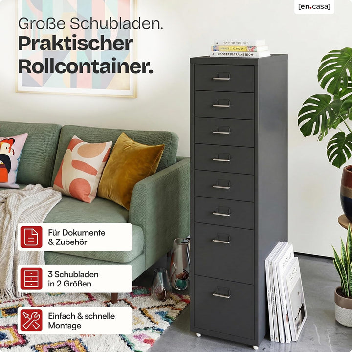 [en.casa] Rollcontainer Kökar Schubladenschrank Metall Aktenschrank mit 8 Schubladen Bürowagen mit R