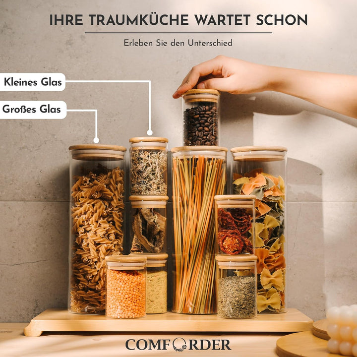 Vorratsgläser mit Deckel Set – Luftdichte Vorratsdosen Glas mit Bambusdeckel, Vorratsbehälter für Me