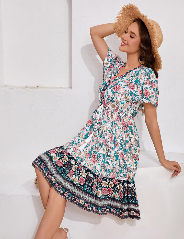 KOJOOIN Damen Sommerkleid Boho Tunika Kleid Kurzarm Minikleider V-Ausschnitt Strandkleid kurz Blumen