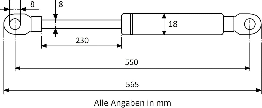 Secuplan Gasdruckfeder 550 mm, 230 mm Hub, 100 N, Ø 8/6 mm, abnehmb. Augen Gasdruckdämpfer, Gasfeder