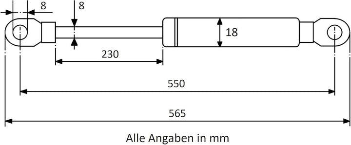 Secuplan Gasdruckfeder 550 mm, 230 mm Hub, 100 N, Ø 8/6 mm, abnehmb. Augen Gasdruckdämpfer, Gasfeder