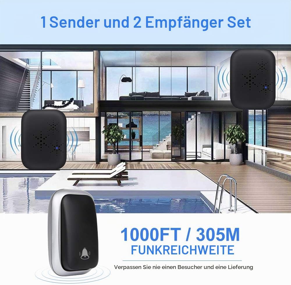 Batterielose Funkklingel, PDGROW Funk Türklingel Einstecken Kabellos Hausklingel Set Wasserdichte Fu