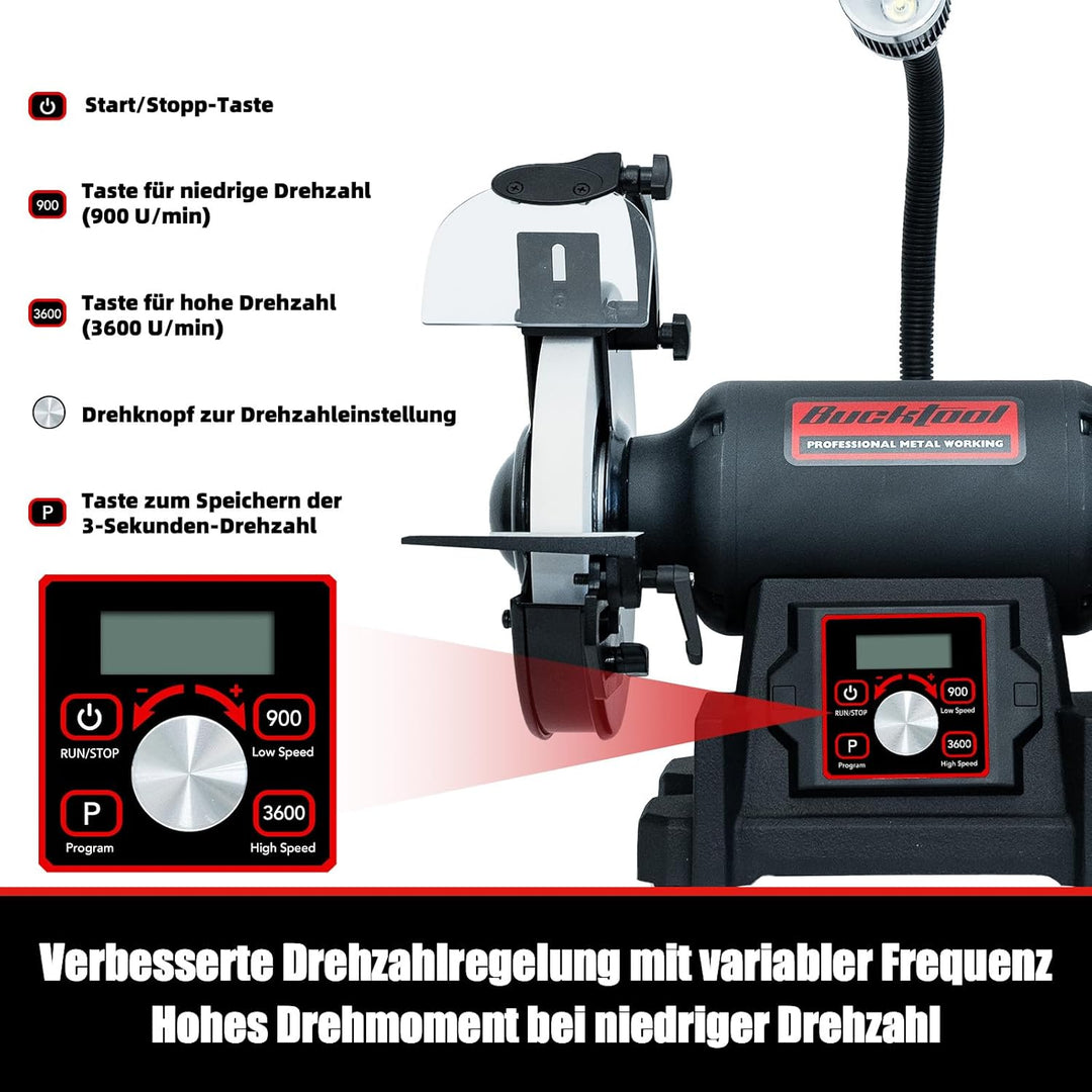 Bucktool 200mm Variabler Tischschleifer, VFD 750W Professioneller Schleifbock mit niedriger Vibratio