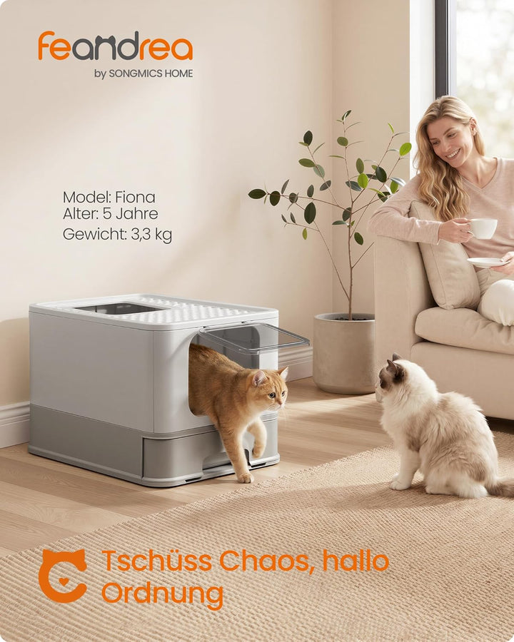 Feandrea Katzenklo Edelstahl, Katzentoilette, mit Deckel, ausziehbares Tablett, Schaufel, Bürste, fü