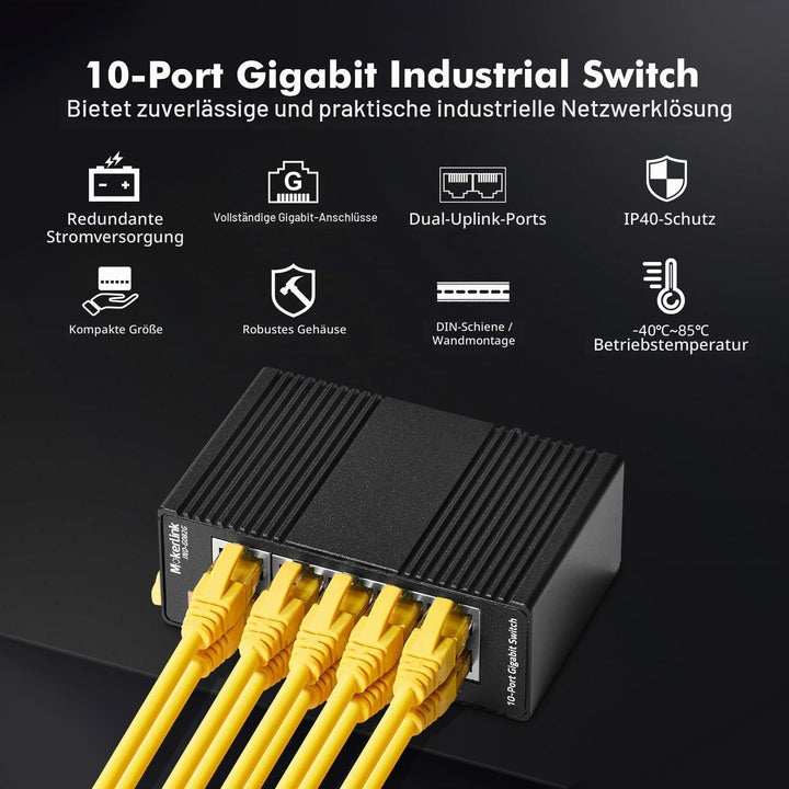 MokerLink 10 Port Gigabit Industrial DIN-Rail Ethernet Switch, Unmanaged IP40 Netzwerk-Switch (-40 b
