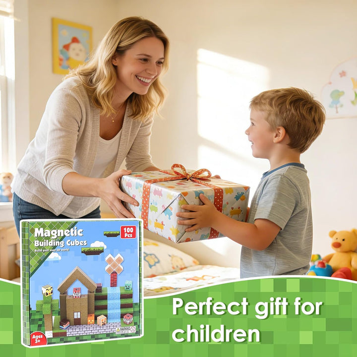 Magnetische Bausteine, 100 Stück Wald Magnetic Building Blocks, Kreative Magnetsteine Würfel Spiel S